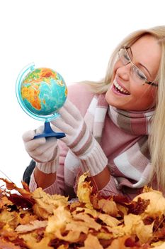 woman take globe isolated in studio