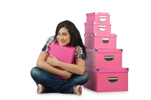 Girl with stack of giftboxes