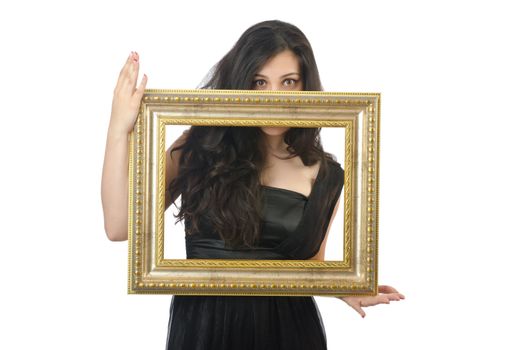 Woman with picture frame on white