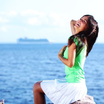 woman relax blue sea and bubbles on background