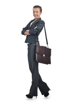 Businesswoman with briefcase on white