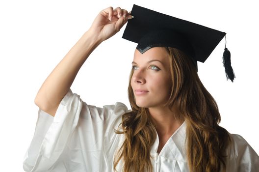 Young student with diploma on white