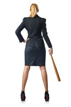 Businesswoman with baseball bat on white