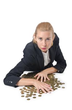 Woman with lots of coins on white