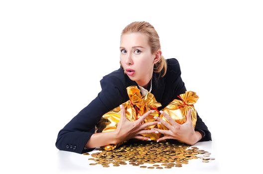 Woman with coins and golden sacks