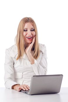 Woman with laptop on white