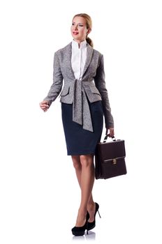 Businesswoman with briefcase on white