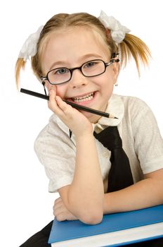 Little girl with books on white