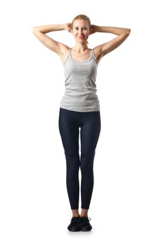 Woman doing exercises on white