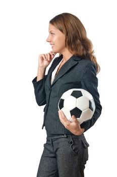 Businesswoman with football on white