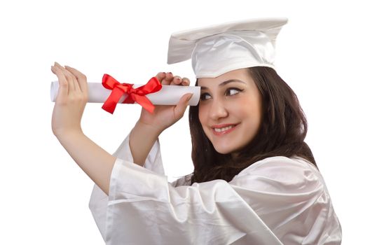 Happy graduate on white background