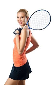 Woman tennis player on white