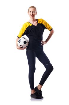 Woman playing football on white