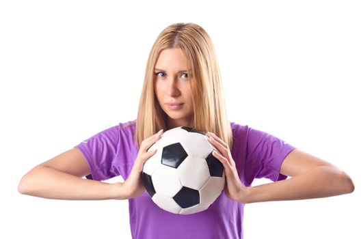 Woman playing football on white