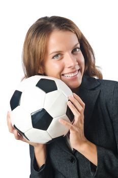 Businesswoman with football on white