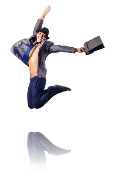 Naked businessman jumping on white