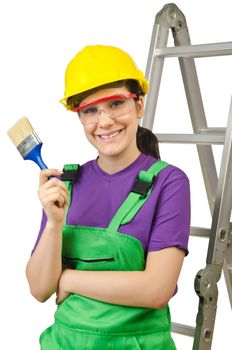 Woman worker with ladder on white