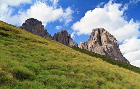 grass slope beneath Sassolungo mount, Italian Dolomites