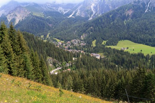 summer view of San Martino di Castrozza and Primiero valley, Trentino, Italy