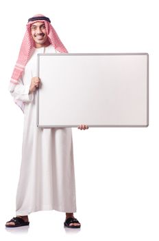 Arab man with blank board on white