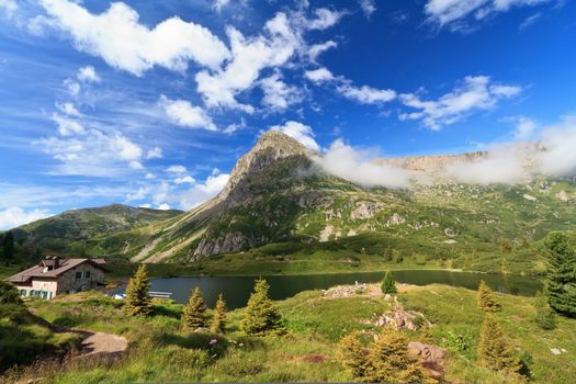 summer landscape of Colbricon lake, Italian Dolomites