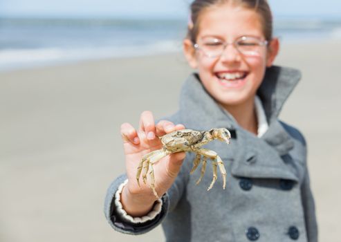 Adorable happy girl holding crab on the beach on spring day. Focus on the crab.