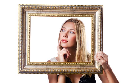 Woman with picture frames on white