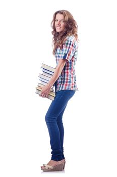 Student with lots of books on white