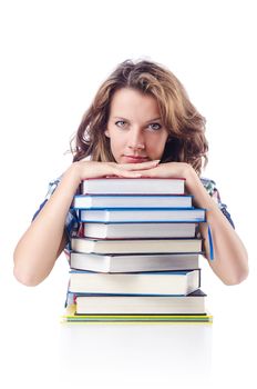 Student with lots of books on white