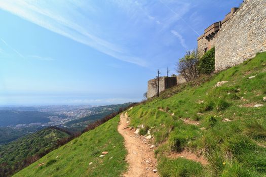 medieval fortifications over Genova hills, Liguria, Italy