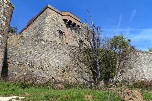 detail of Puin Castle is a medieval fortress built over Genova, Liguria, Italy