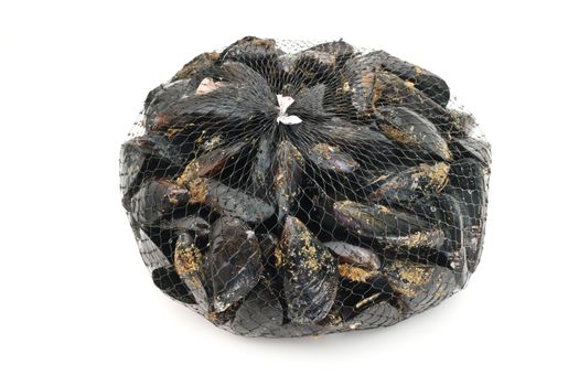 basket with fresh mussels over white background