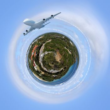 Planet earth against sky background and plane flying around it