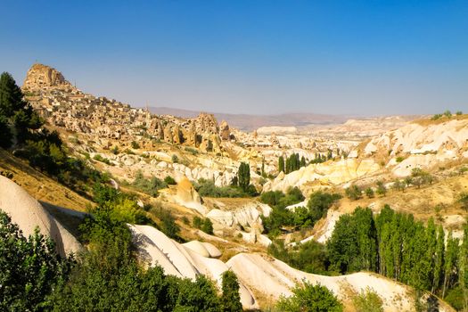 Cappadocia village landscape view with blue sky, Turkey