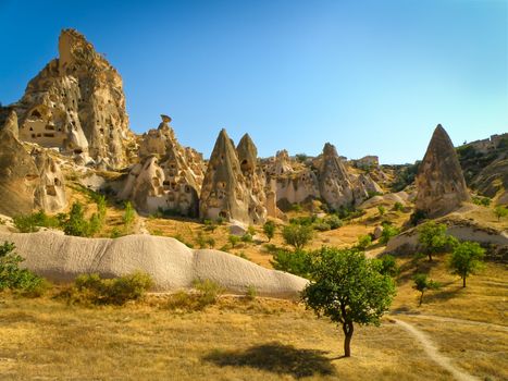 Cappadocia village landscape view with blue sky, Turkey