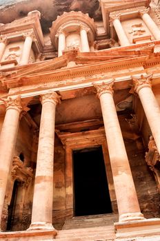 Al Khazneh vertical view - the treasury of Petra ancient city, Jordan