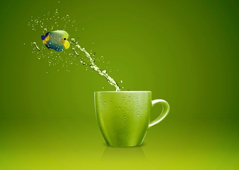 Angelfish jumping out of cup with water splashes and Acrobatic movement.