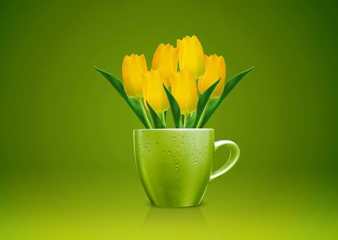 Modern vase style, A group of yellow Tulips in green vase.
