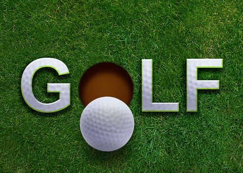 Golf word on green grass and golf ball on lip of hole