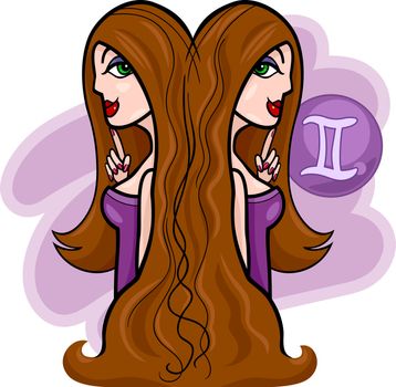 Illustration of Beautiful Twins Women Cartoon Characters and Gemini Horoscope Zodiac Sign