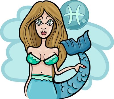 Illustration of Beautiful Mermaid Woman Cartoon Character and Pisces Horoscope Zodiac Sign