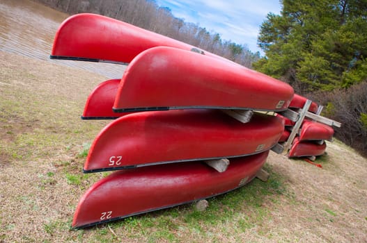 red kayaks