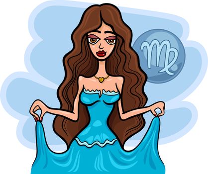 Illustration of Beautiful Woman Cartoon Character in Blue Long Dress and Virgo Horoscope Zodiac Sign