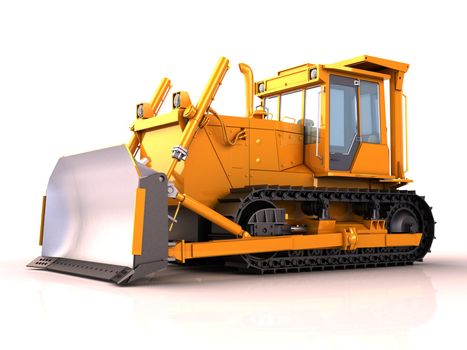 Bulldozer on a white background with light shadow and reflection