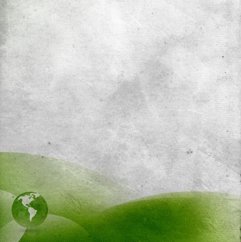 Old paper background with green abstract design and world globe