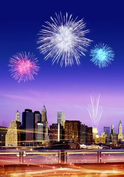 Downtown Brooklyn skyline with fireworks in New York City at night