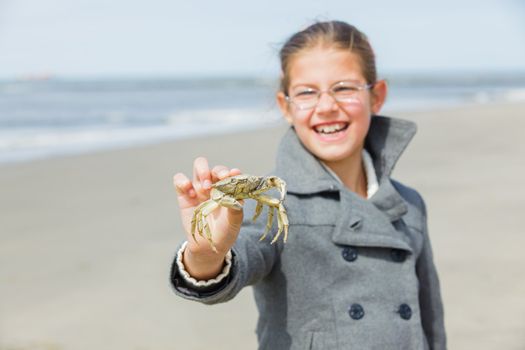 Adorable happy girl holding crab on the beach on spring day. Focus on the crab.