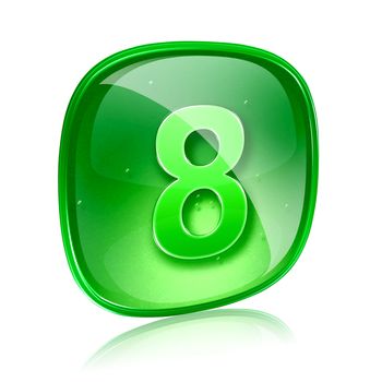 Number eight icon green glass, isolated on white background