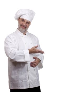 Portrait of a caucasian chef in his uniform on a white background.