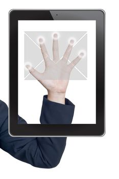Hand pushing mail icon tablet on a touch screen blank interface 